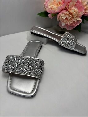 Fashion Womens 10 Silver Bling Crystal Slide Sandals -  #444